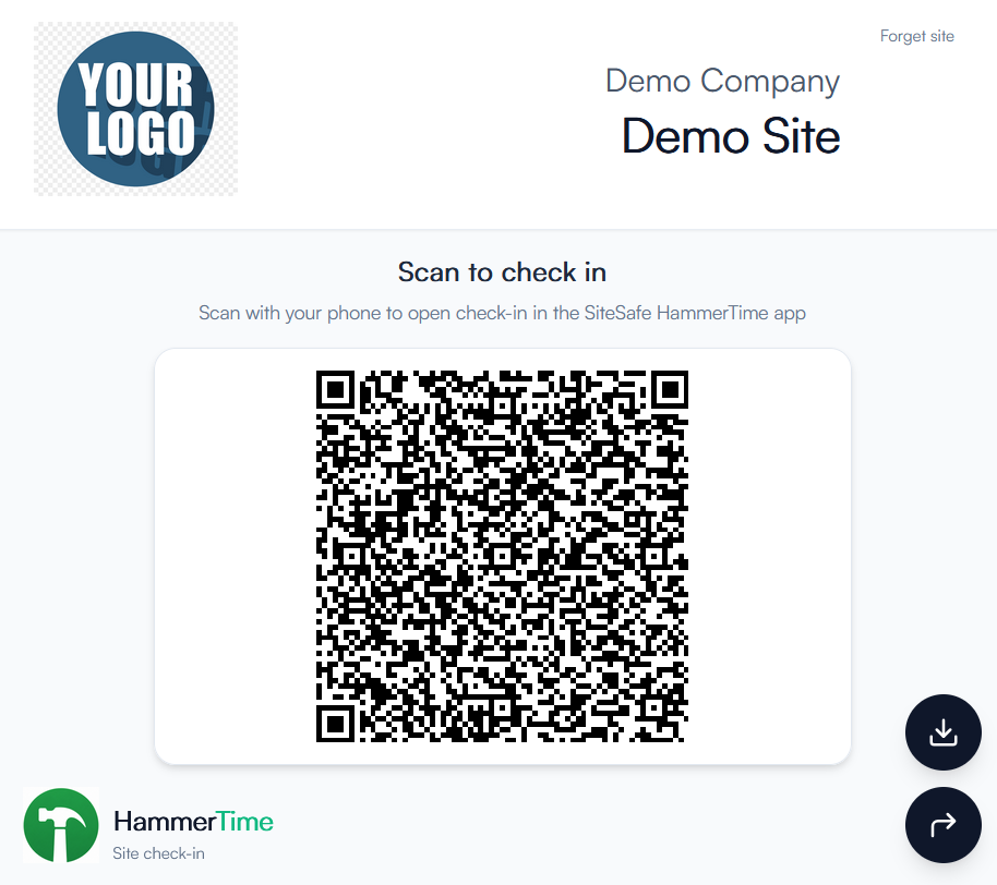 HammerTime demo site QR — scan or click to try check-in