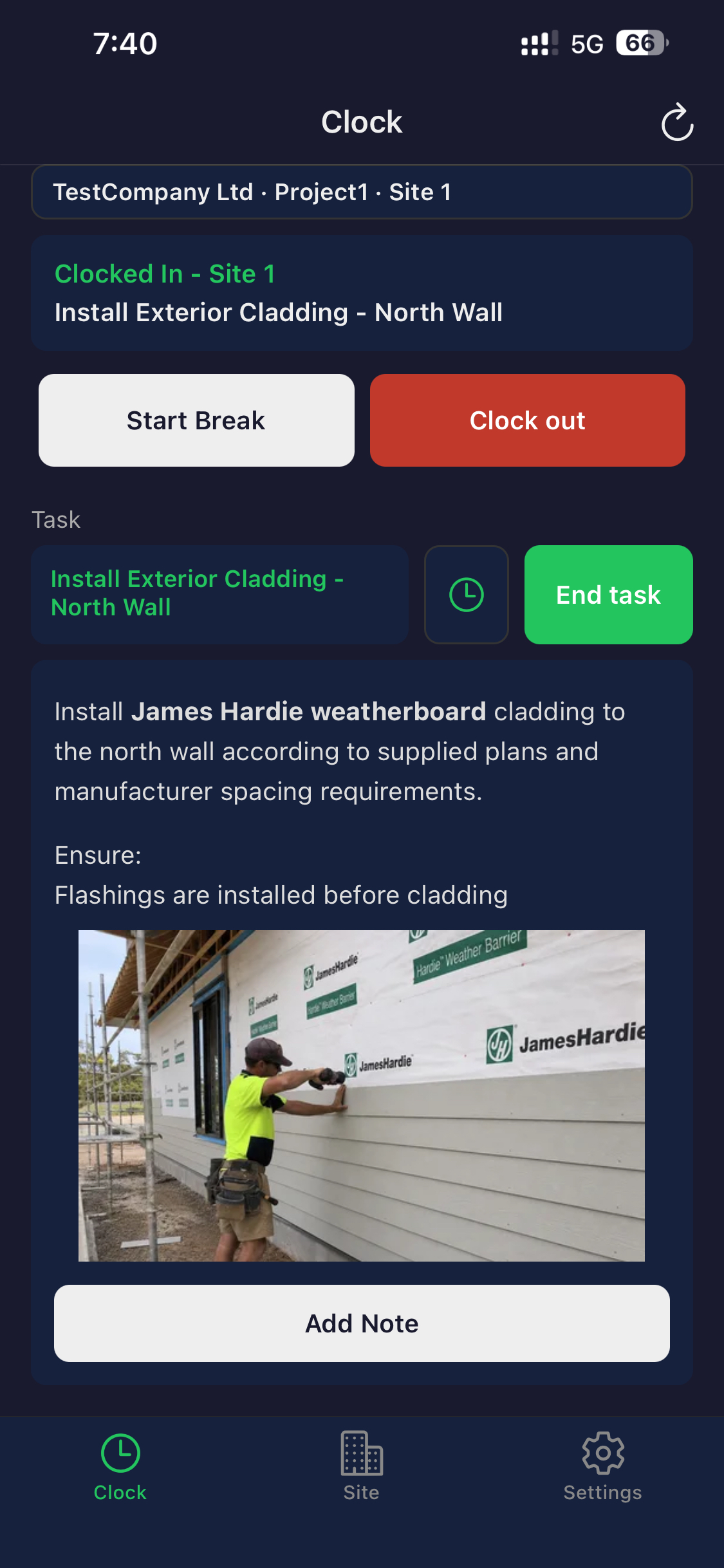 Clock screen in the SiteSafe mobile app